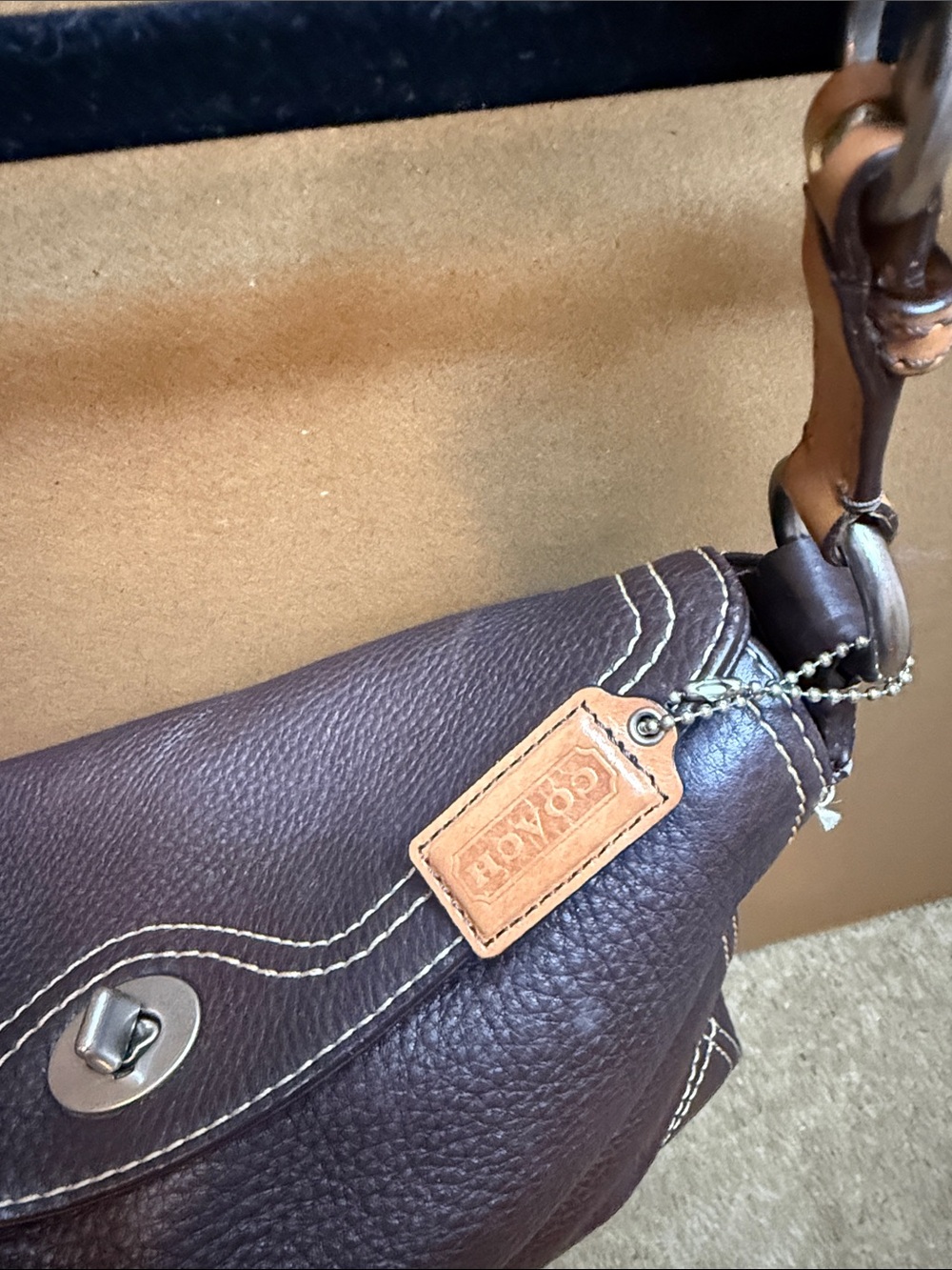 Coach Brown Pebbled Chelsea Leather Shoulder Bag with Contrast Stitching - Picture 2 of 11